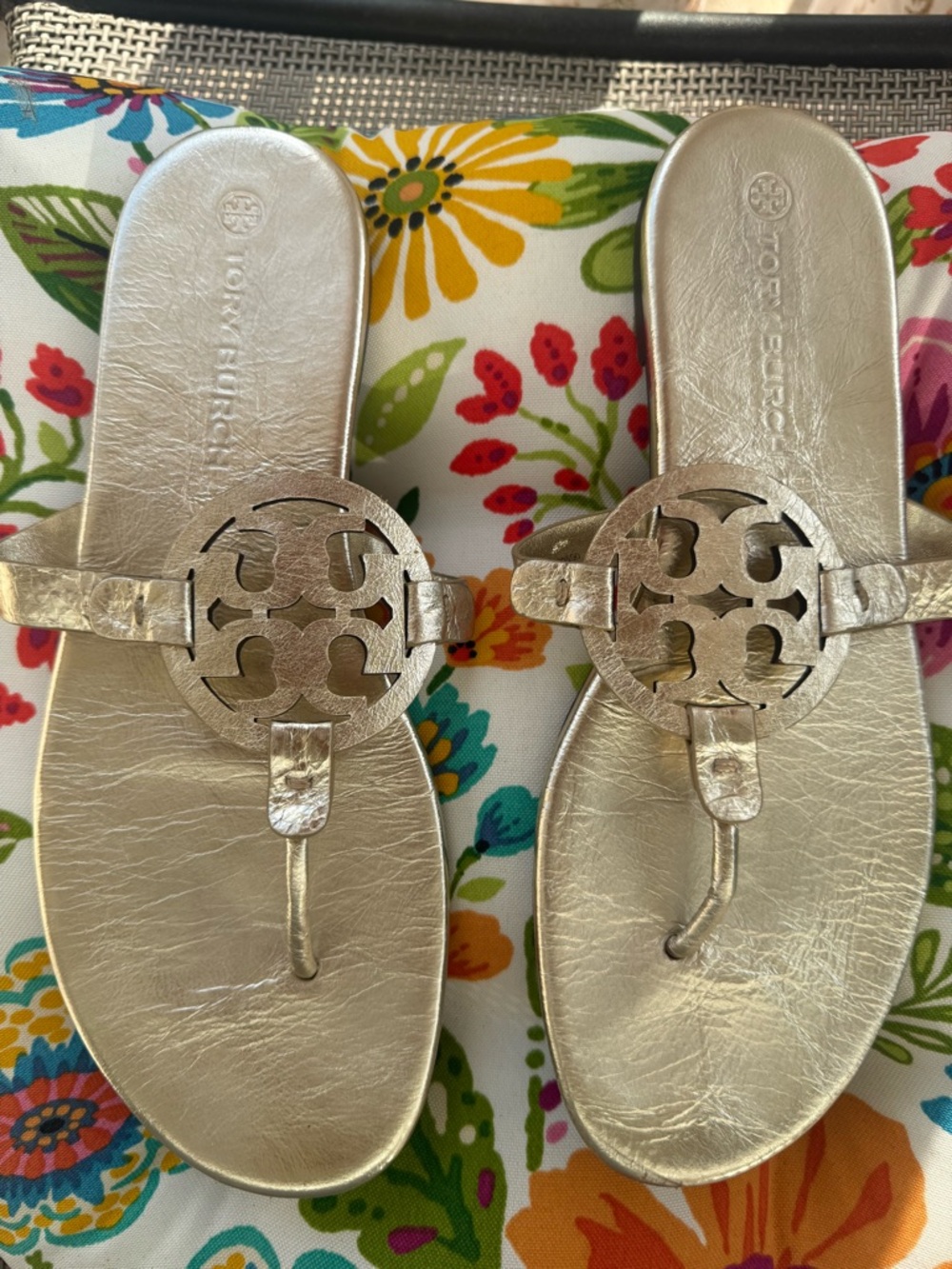 Tory Burch Metallic Gold Logo Thong Sandals